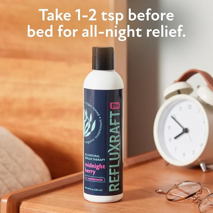 Acid Reflux Therapy PM with Organic Alginate & Melatonin, Rapid & Lasting Gerd, LPR & Digestion Symptom Support, Zero Sugar, Gluten Free, Midnight Berry, 47 Gel Servings, 8 OZ Bottle