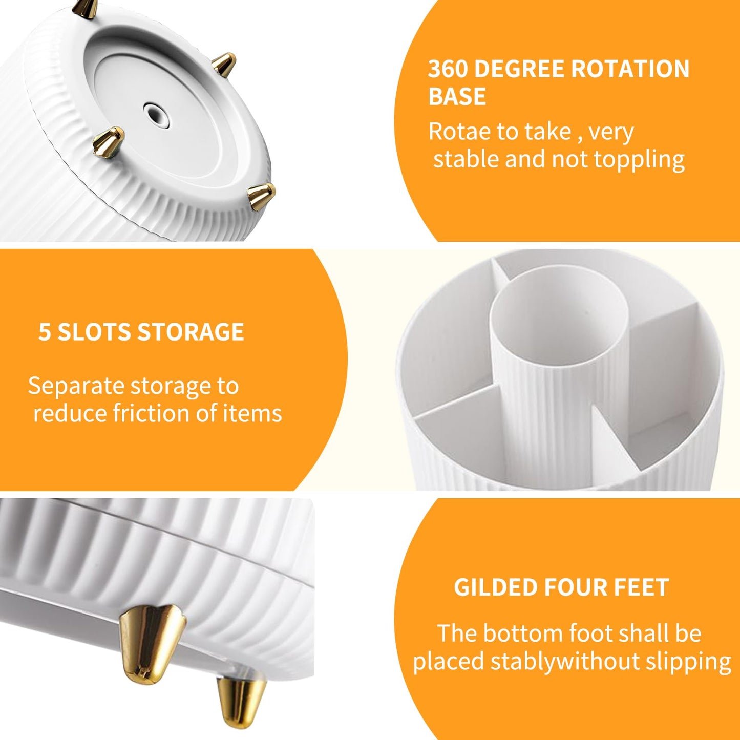 360° Rotating Makeup Organiser, Make Up Brush Holder with 5 Compartments, Desk Storage Container for Bedroom Dressing Table Cosmetics Organizer, Office Stationery Storage, Desktop Pen Holders (White)