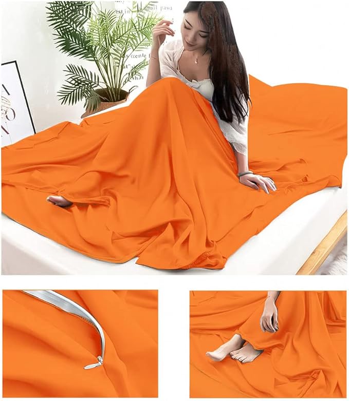 Bag Liner Lightweight Compact Bonng Bag Sack Portable Clean Travel Sheet with Zippered Opening for The Feet Camping Sleep Sheet for Backpacking Hotel& Hiking (Orange, 82.7'' X 70.9”)
