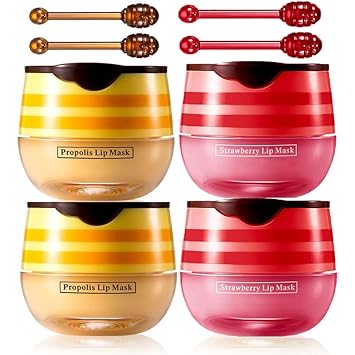 4 Pcs Lip Mask Reduces Lines and Exfoliator, Prevention Dry & Cracked Lip. (Honey Strawberry)