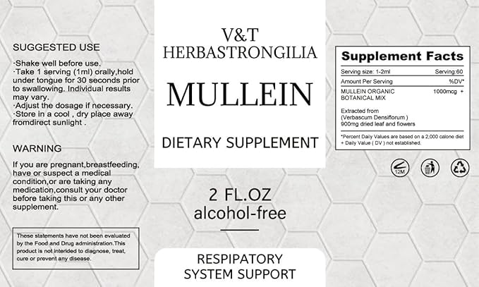 Mullein Leaf. Tincture Drops. 2fl oz. Alcohol Free. Liquid Extract. Vegan. Non - GMO & GMO Free. Herbal Supplement. Organic. Lung Cleanse.Immune, Respiratory Support. Detox