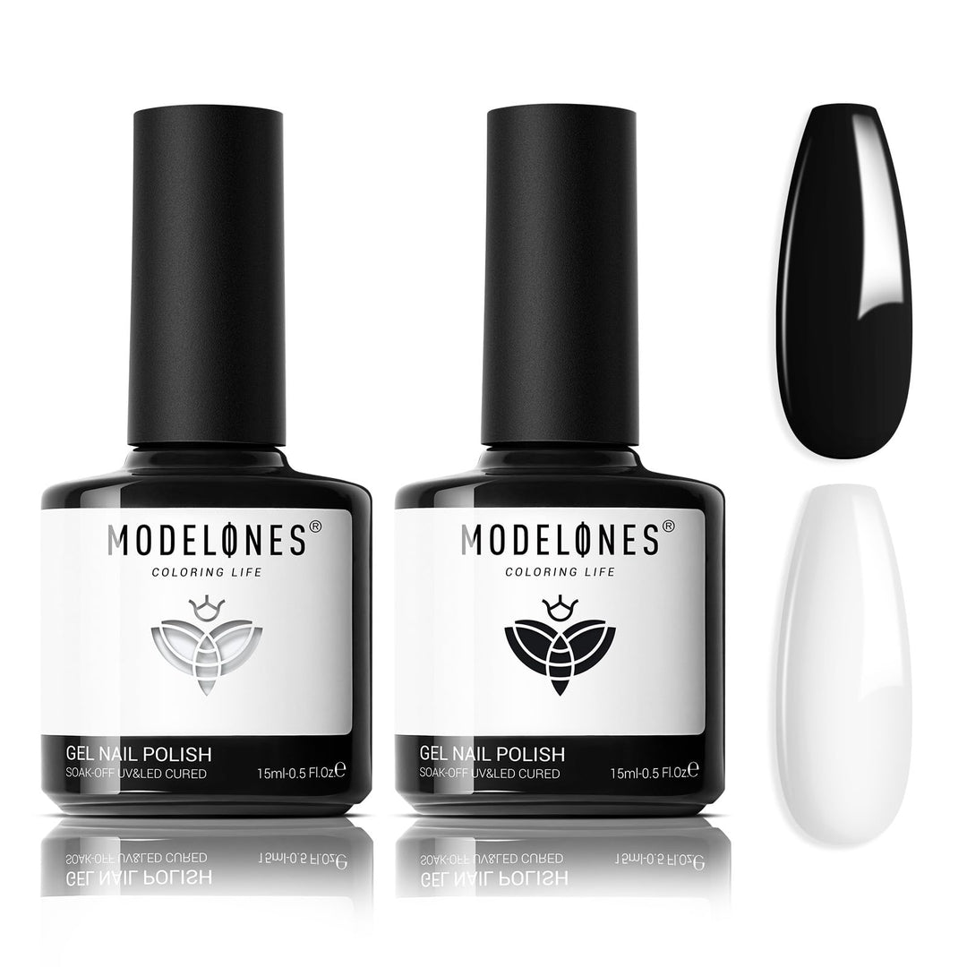 modelones Gel Nail Polish Set, 2 Pcs 15 ML Black and White Gel Polish White Gel Nail Polish Soak Off LED Gel Polish Spring Nails Art Manicure Home Gift for Women Girl
