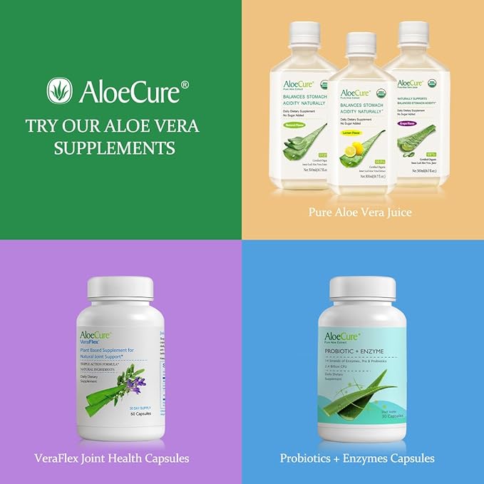 AloeCure Organic Aloe Vera Digestion Pack - 4 Pieces - 2 x 500ml Natural Flavor Juice, 2 x Probiotic + Enzyme