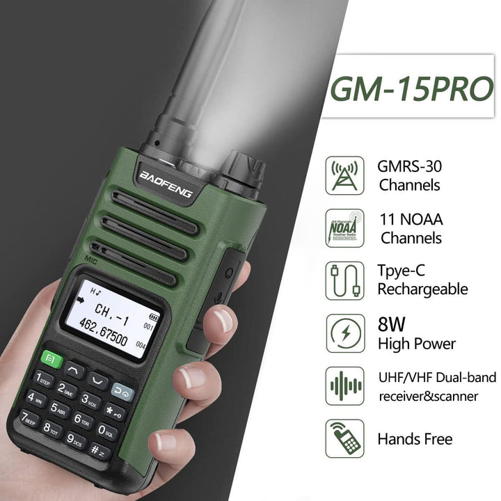BAOFENG GM-15 Pro GMRS Radio 8W (Upgrade of UV-5R),NOAA Weather Receiver Radio,GMRS Repeater Capable,Rechargeable Long Range Two Way Radio with Extended Battery USB-C Charger 771 GMRS Antenna,2Pack