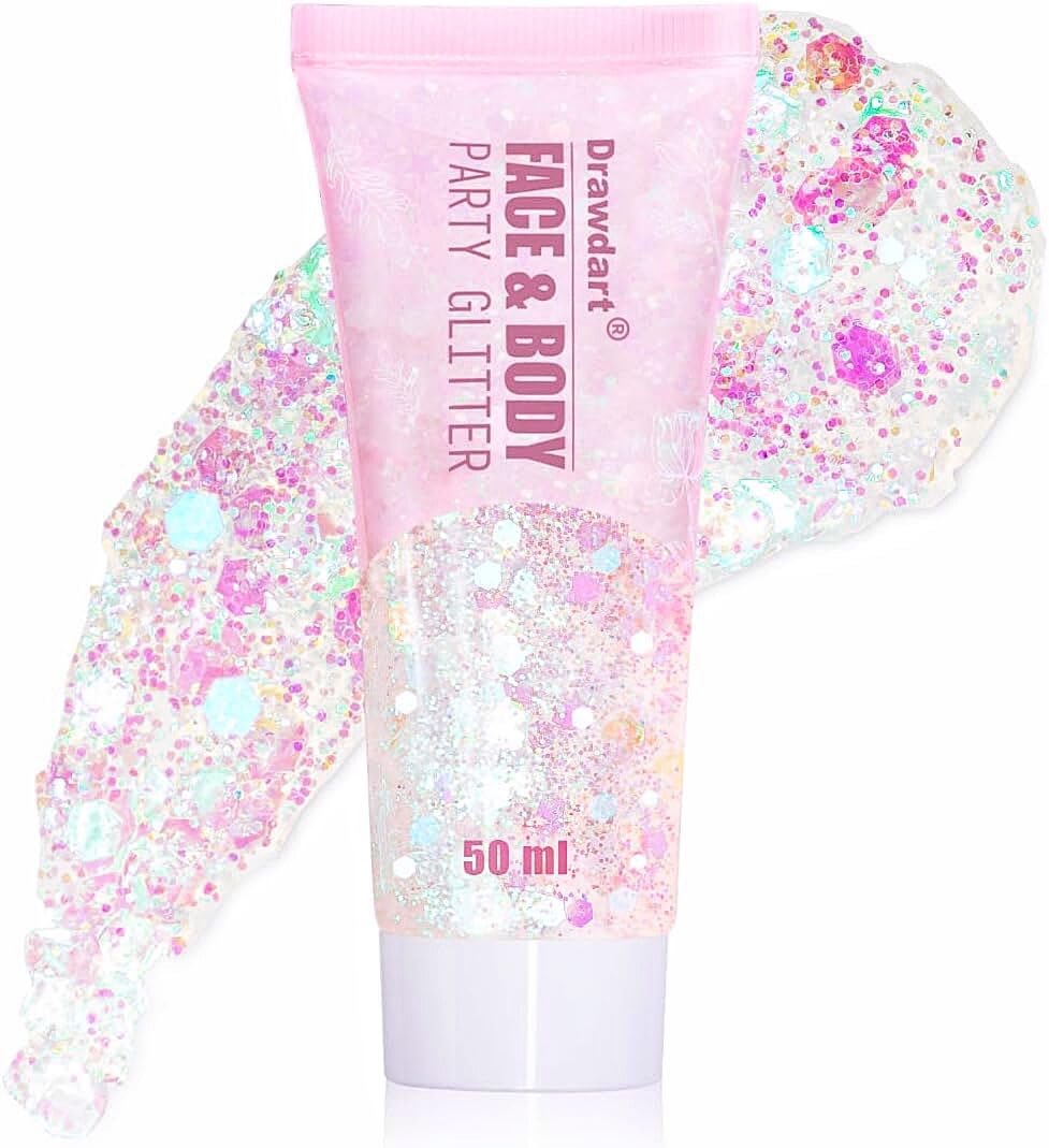 Drawdart Face & Body Glitter, Cosmetic-Grade Glitter Gel- Singer Concerts Disco Festival Rave Accessories, Chunky Hair Sparkling Glitter Gel for Women, Vegan & Cruelty Free- 50ml (White)
