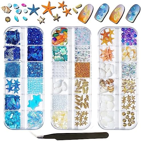 3 Boxes 3D Mixed Ocean Theme Nail Art Rhinestones Accessories Summer Beach Shell Starfish Conch Sea Series Sequin Nail Art Charms with Tweezers for DIY Nail Art Designs Manicure Decoration