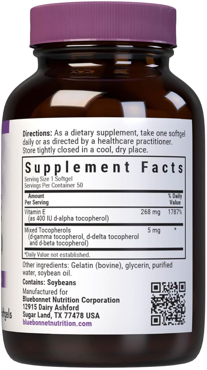 Bluebonnet Nutrition Vitamin E 400 IU (268 mg) Mixed Tocopherols Softgels, Free Radical Portection & Cardiovascular Support, Gluten-Free, Dairy-Free, 50 Softgels, 50 Servings