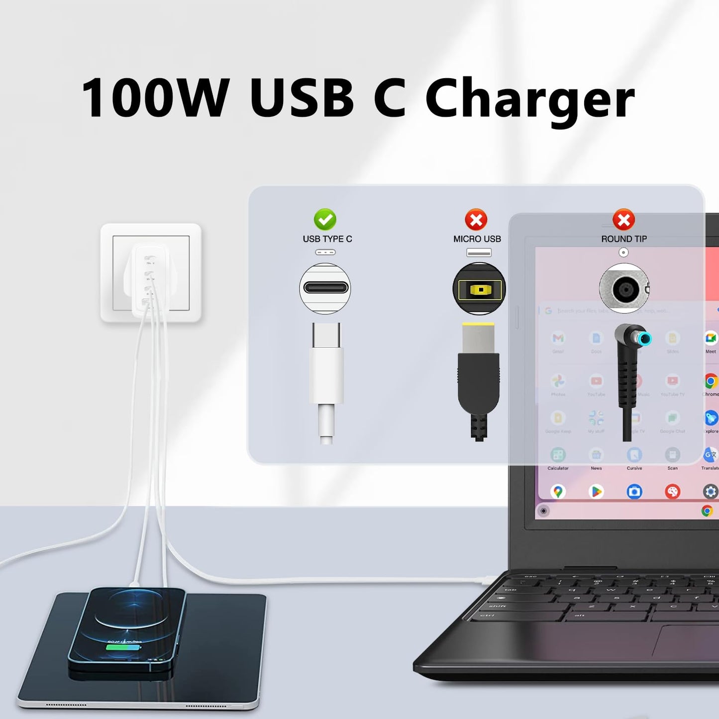 100W USB C Charger,4-Ports GaN Fast Wall Charger with Charging Cable for Mac Book Pro/Air, iPad,iPhone 16/15 Pro Max, Galaxy S23 Ultra, Steam Deck, Dell XPS, and All USB C Devices