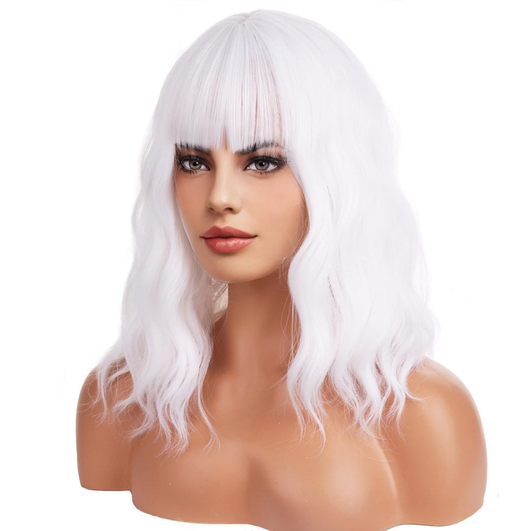 BERON 14 Inches White Wig Short Curly Wig Women Girl's Synthetic Wig White Wig with Bangs Wig Cap Included