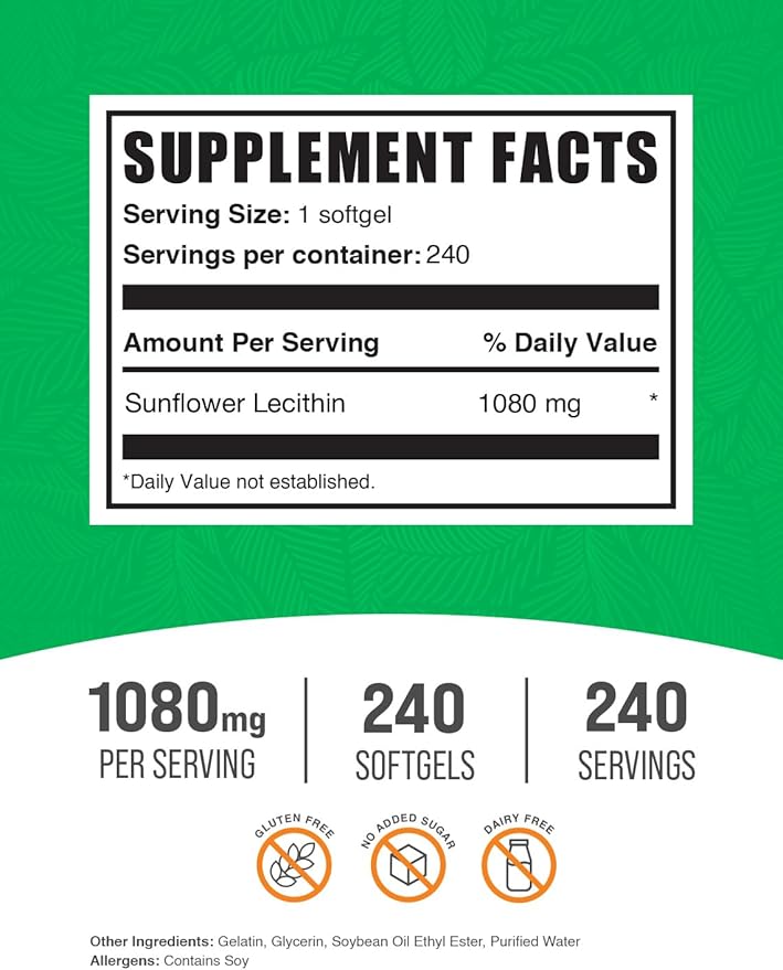 BulkSupplements.com Sunflower Lecithin Softgels - Lecithin Supplement, Sunflower Lecithin 1080mg - Vitality Support, Gluten, 1 Softgel per Serving, 240 Count (Pack of 1)