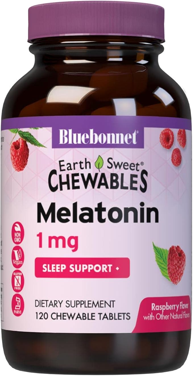 Bluebonnet Nutrition EarthSweet Melatonin 1 mg Fast-Acting Quick Dissolve Nighttime Relaxation & Restful Sleep Support - Sleep Aid - Gluten-Free, Vegan - Raspberry Flavor - 120 Chewable Tablets