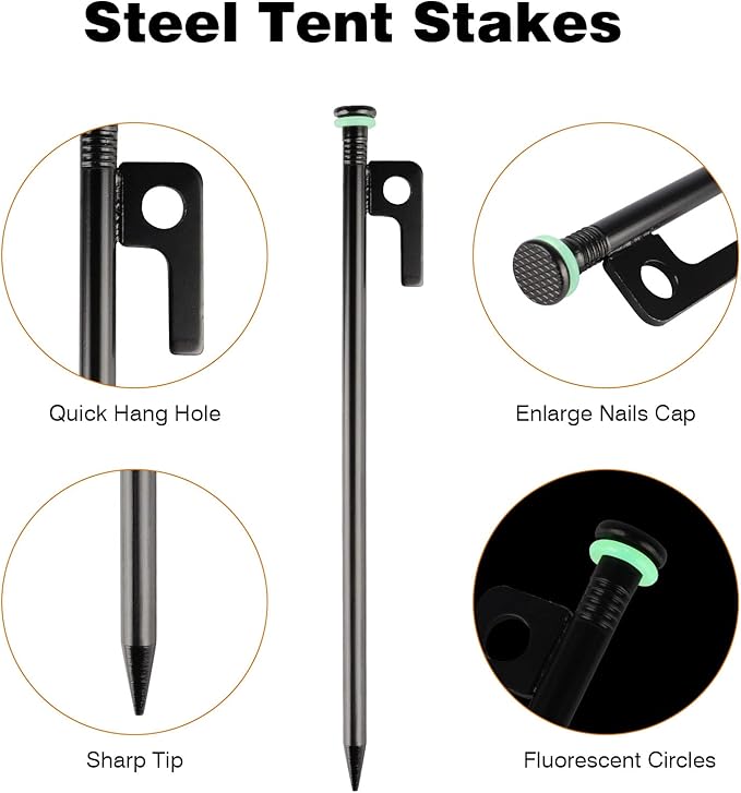 8 Pack Tent Stakes Heavy Duty Metal Tent Pegs with 10in Steel Tent Stakes+Fluorescent Silicone Rings+Special Bag for Camping Used on Rocks, Grassland (10in - 8 Pack)