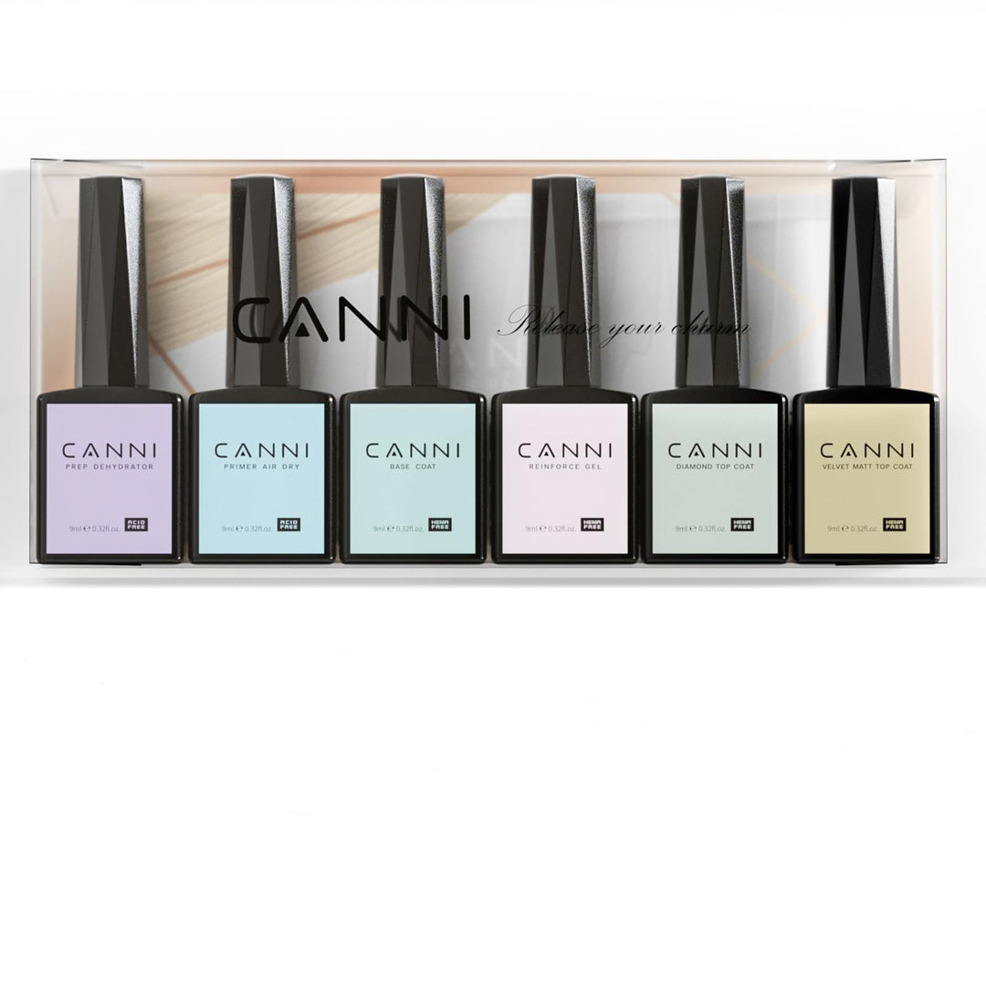 Canni 6Pcs 9Ml Hema-Free Nail Dehydrator Primer, Base Coat Reinforce Diamond Gel Top Coat And Matte Top Coat Gel Nail Polish Set