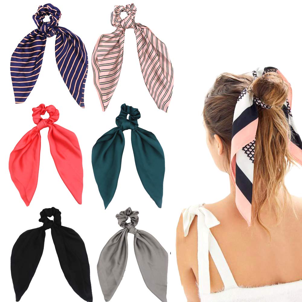 Silk Satin Hair Scrunchies, Hair Scarf With Flower Pattern, Stripe Printed Hair Bobbles For Ponytail Holder (6 Pcs Stripes & Sol