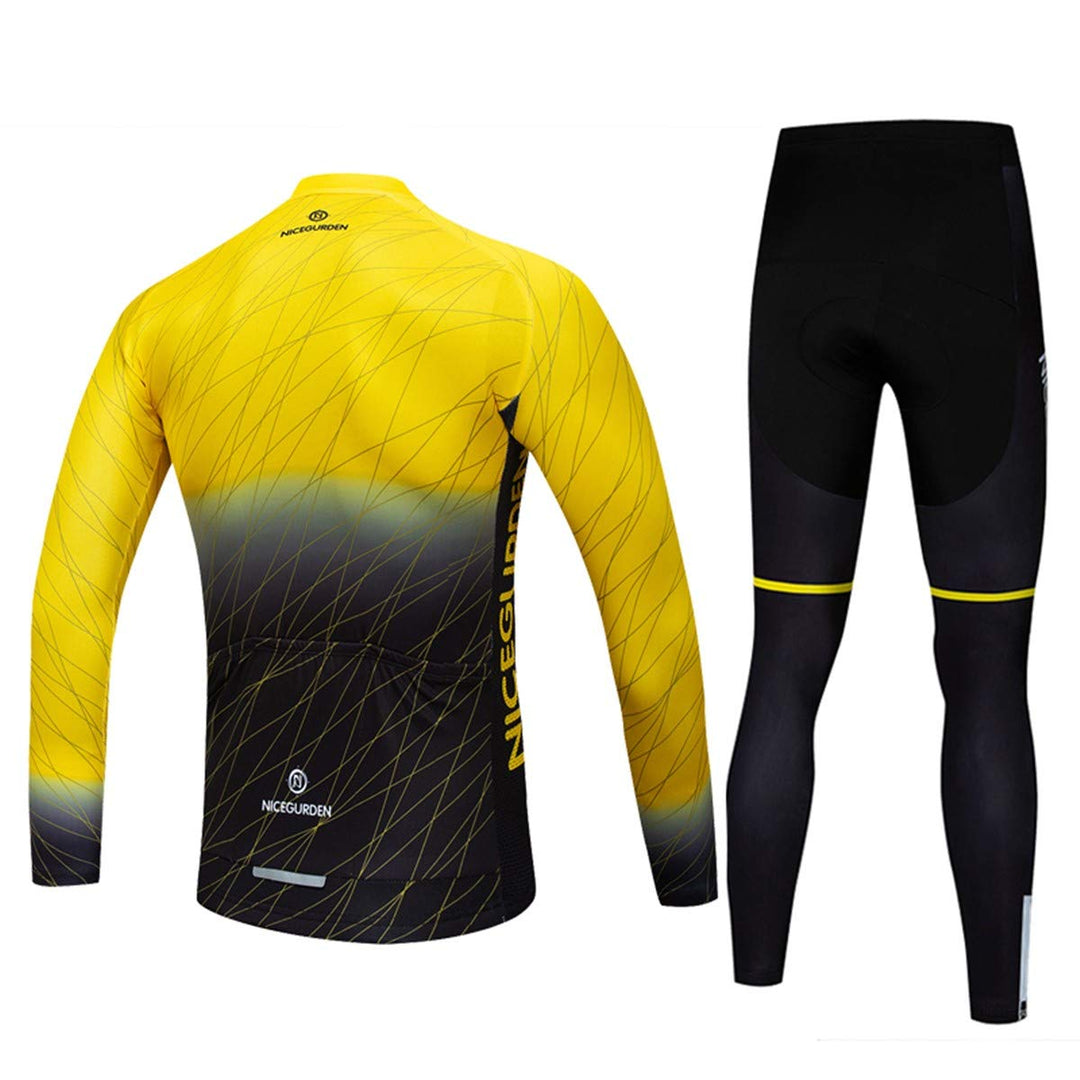 NICEGURDEN Long Sleeve Jersey Shirt Cycling Suits Set Shirt 3D Padded Pants, Sportswear Mountain Bike Wear Breathable Fitness Clothing (L, Yellow)