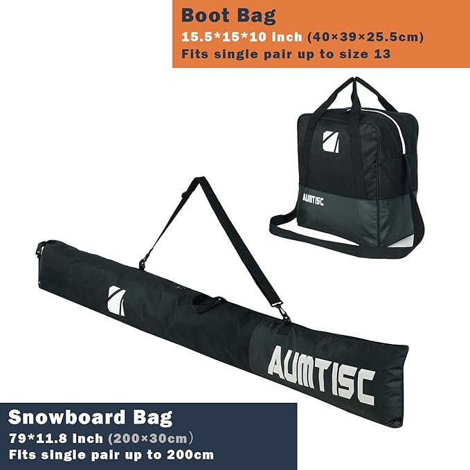 AUMTISC Ski Bag and Boot Bag Combo, Padded Ski Bags for Air Travel Flying, Adjustable Length for Skis Up to 200 cm and Boots Up to Size 13