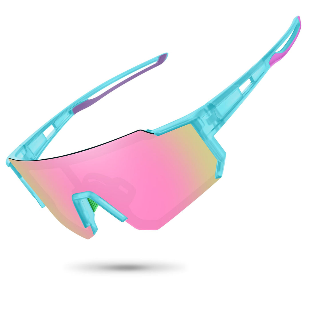 STORYCOAST Polarized Sports Sunglasses for Men Women,Driving Fishing Cycling Mountain Bike Sunglasses UV400 Protection Clear Blue Frame-Pink Mirror Lens