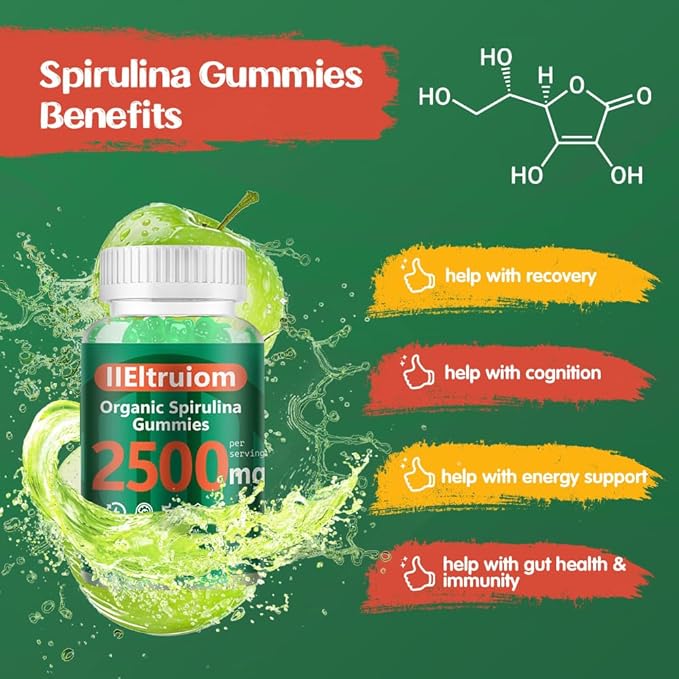 Spirulina Gummies, Organic Spirulina 2500mg Enhanced Daily Energy - Your Daily Super Greens with Sea Moss, Chlorophyll, GLA, Non-GMO, Gluten Free, 60 Vegan Gummies