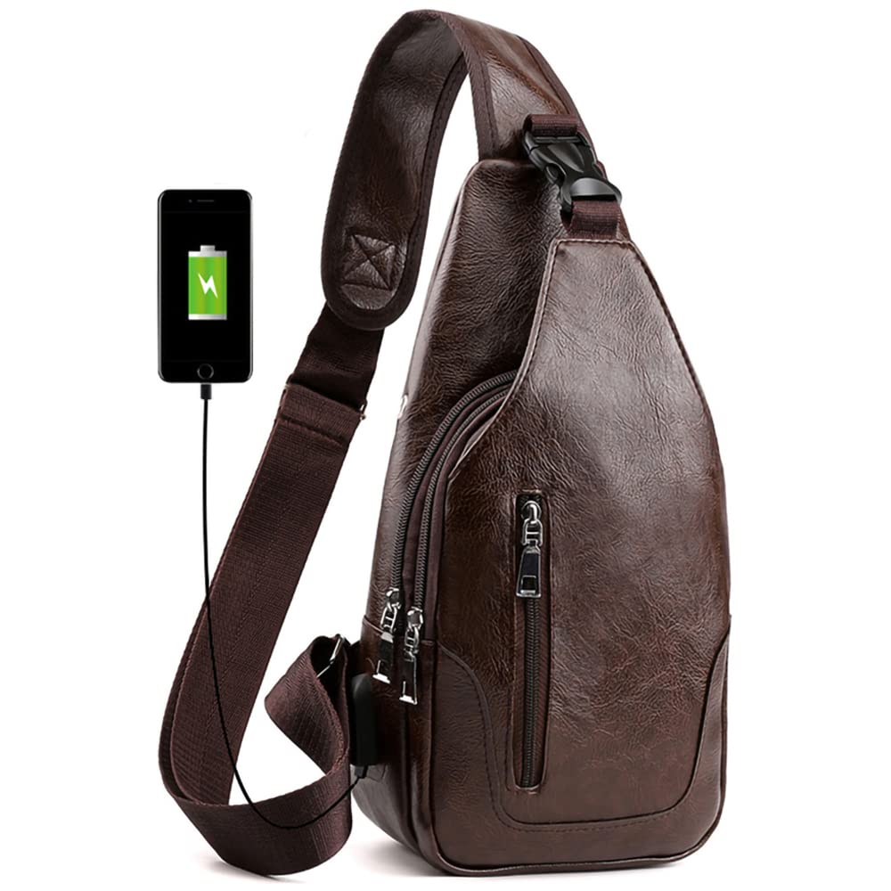 Peicees Leather Sling Bag Mens Crossbody Bag Chest Bag Sling Backpack for Men with USB Charge Port