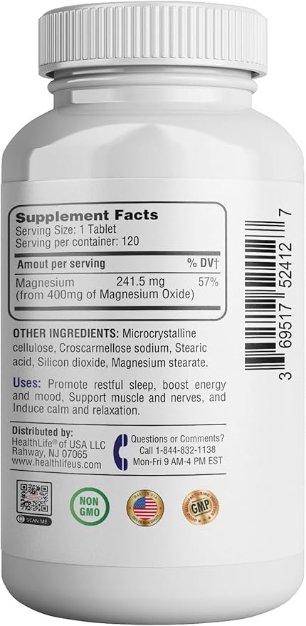 Magnesium 400mg [High Potency] Supplement – Magnesium Oxide for Immune Support, Muscle Recovery, Leg Cramps and Relaxation 120 Tablets-USA Made