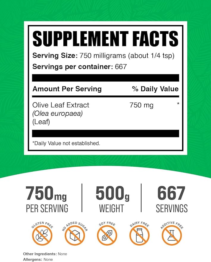 BulkSupplements.com Olive Leaf Extract Powder - Herbal Supplement, Antioxidant Source, Olive Leaf Powder - Gluten Free, 750mg per Serving, 500g (1.1 lbs) (Pack of 1)