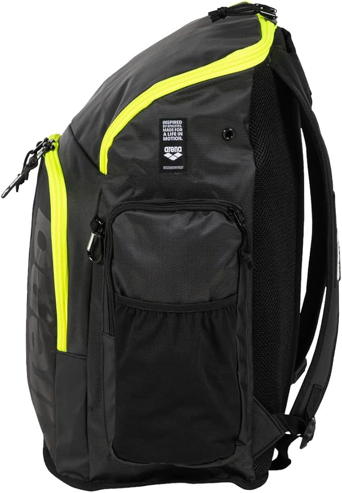Arena Spiky III Backpack 45 Swimming Athlete Sports Gym Rucksack Large Training Gear Equipment Swim Bag for Men and Women, 45 Liters, Dark Smoke/Neon Yellow