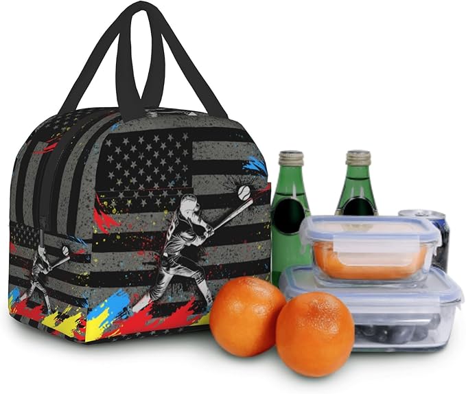 Baseball Player Lunch Bag for Sports Boys American Flag Reusable Insulated Lunch Tote Lunch Box Black Cooler Thermal Lunch Tote Bag for School Work Picnic