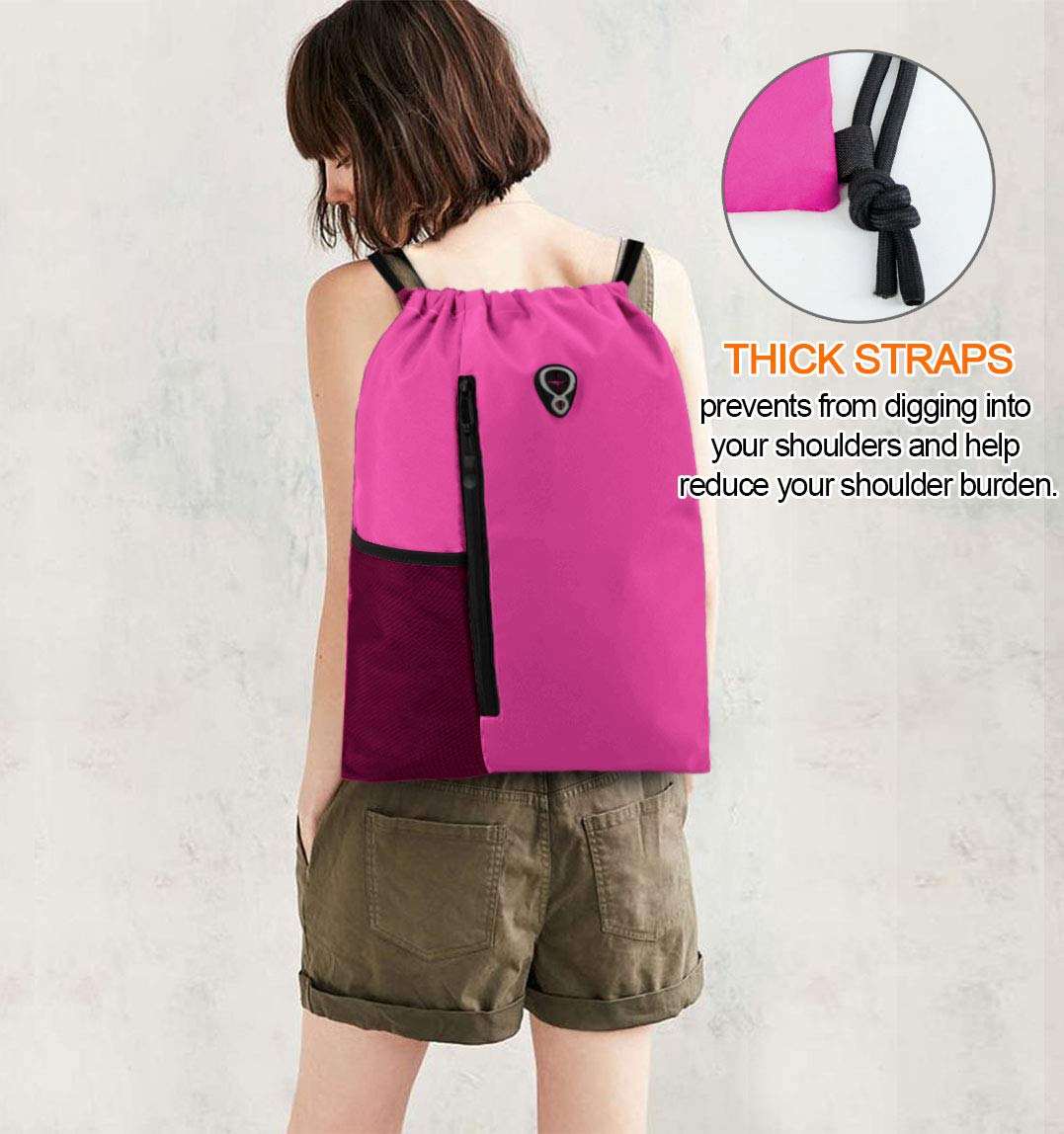 BeeGreen Pink Cinch Sack Drawstring Backpack For Women With Water Bottle Pocket &Two Zippered Pocket Large Sports Gym Sackpack For Traveling Yoga Beach Outdoor