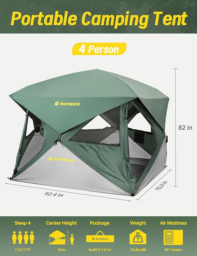 Camping Tent,Instant Cabin Tent, Setup in 60 Seconds, 4 Person Pop up Tents for Camping, Hub Tents, Rainfly, Windproof, UV Resistant, Large Camping Tent Sun Shelter with Removable Floor