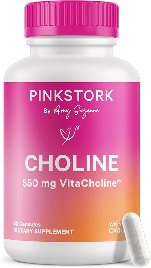 Pink Stork Choline - 550 mg Choline Bitartrate from VitaCholine for Pregnant + Postpartum Moms - Prenatal Vitamin for Fetal Cognitive Health + Breast Milk Quality - 1 Capsule Daily, 30 Count