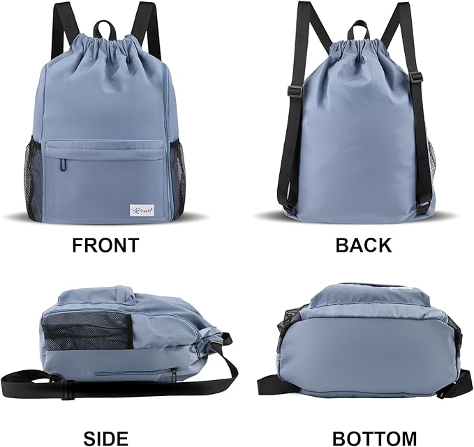 Drawstring Backpack with Mesh Pockets String Gym Bag Sackpack Sandproof Water Resistant Beach Backpack for Men Women