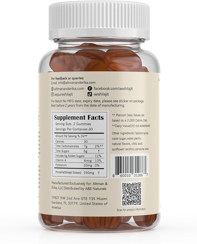 Altman & Erika A&E Naturals Shilajit Gummies, 60 Count, Organic Himalayan Shilajit for Men & Women, Vegan, Non-GMO