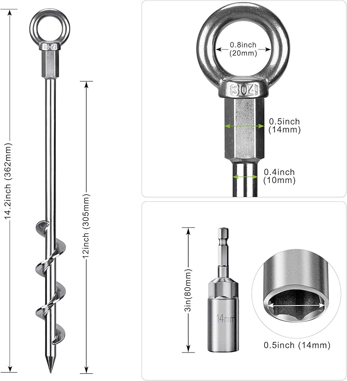 12 Inch Ground Anchors, 8 Pcs Heavy Duty Tent Stakes, Easy to Install and Reusable, for Camping Tents, Trampolines, Sheds, Swing Sets, Securing Animals