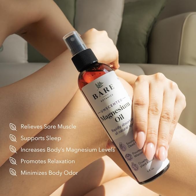 Bare Botanics Unscented 4oz Pure Magnesium Oil Spray from The Dead Sea | Rapidly Absorbing | Handpoured in Madison, WI | Supports Sleep & Soothes Sore Muscles