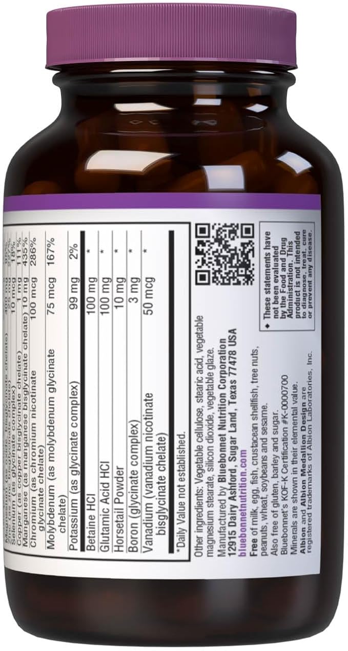 Bluebonnet Nutrition High Potency Chelated Multiminerals (Iron-Free), Albion Chelated Minerals, Soy-Free, Gluten-Free, Non-GMO, Kosher Certified, Dairy-Free, 60 Caplets, 20 Servings