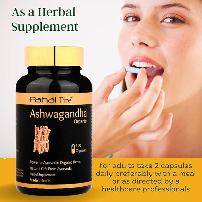 Ashwagandha Organic Herbal Supplement 500mg pr Serving 100 Capsule 50 Days Supply Stress Relief Energy Support Wild harvested in India with Lab Test Report GlutenFree