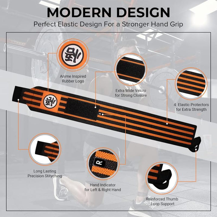 CROWN Anime Wrist Wraps Lifting Straps 24" for Men and Women - 1 Pair Each, Gym Accessories Support Weightlifting, Powerlifting, Strength Training, and Improve Workout, Orange DZB2