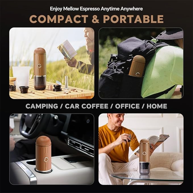 BENFUCHEN Portable Espresso Machine For Travel, Self-Heating Electric Espresso Maker, 19 Bar Portable Electric Espresso Machine For Camping On the Go For Ground Coffee and NESPRESSOpods, Brown