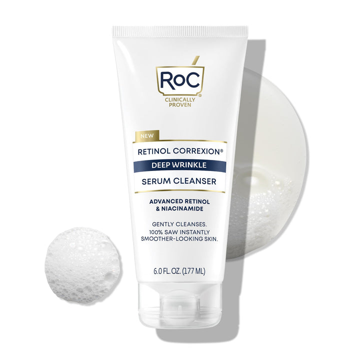 RoC Retinol Correxion Deep Wrinkle Serum Facial Cleanser with Niacinamide for Anti-Aging and Fine Lines, Long-Wear Makeup Remover, Fragrance Free Skin Care, Opthalmologist Tested, 6 Ounces