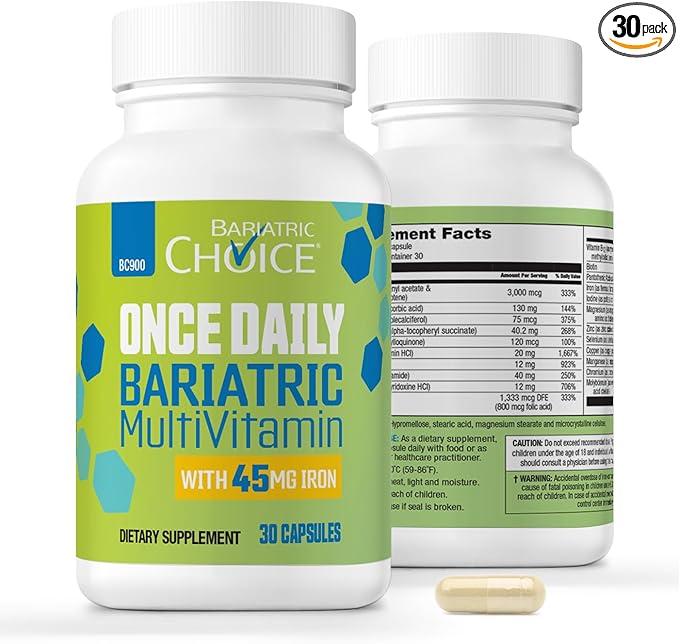 Bariatric Choice Once-Daily Bariatric Multivitamin with 45 mg of Iron | Easy to Swallow Capsule | Vitamin for Bariatric Surgery Patients | 30 Count (1-Month Supply)