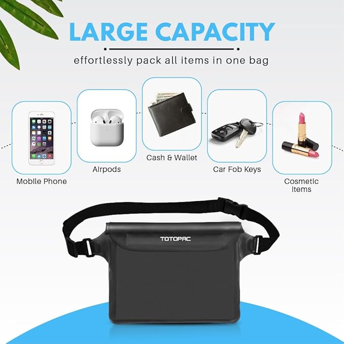 2-Pack Waterproof Fanny Pack, Phone Pouch with Waist Strap, 9x6.7 Inch Dry Bag for Phone, Cash, and Valuables – for Swimming, Kayaking, Boating, Snorkeling, and Water Sports (2, Black + Grey)