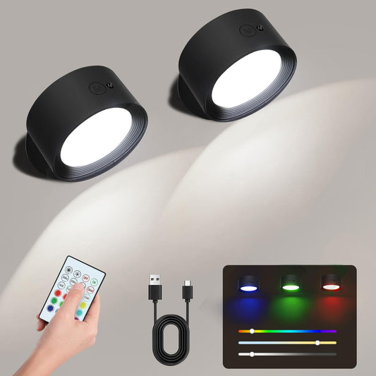 Battery Operated Wall Lamps, 2 PCS Rechargeable Wall Lights Indoor with 14 Color Modes 6 Brightness Levels, Wall Sconces 360° Free Rotation Remote&Touch Control for Bedroom Living Room Reading
