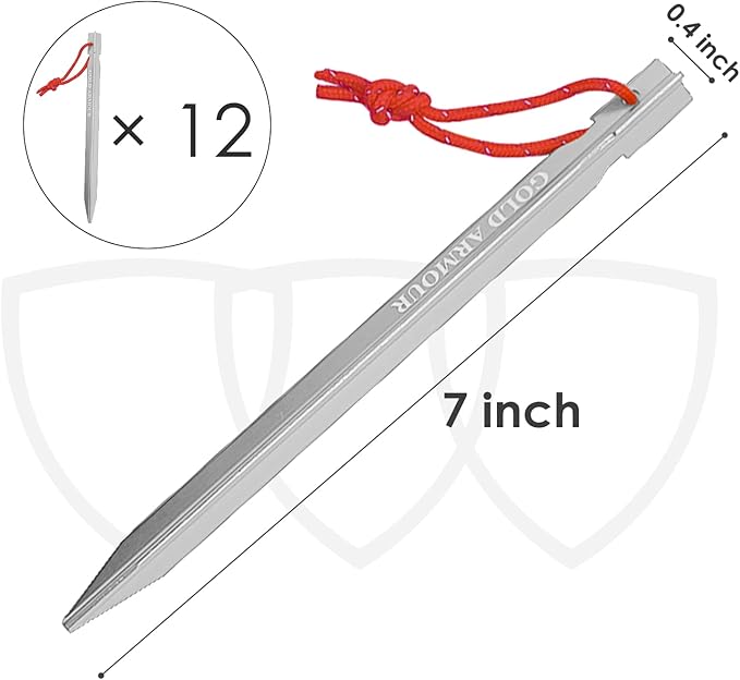 Gold Armour Tent Stakes - 12 Pack Heavy Duty, Lightweight, Camping Stakes Pegs for Outdoor Tent and Tarp, Essential Camping Gear Equipment Accessories (Silver)