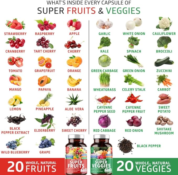 N1N Premium Super Fruits & Veggies Supplement, 180 Caps, Whole Food & Natural Superfood for Women, Men & Kids - Packed with Aloe Vera, Vitamins & Minerals