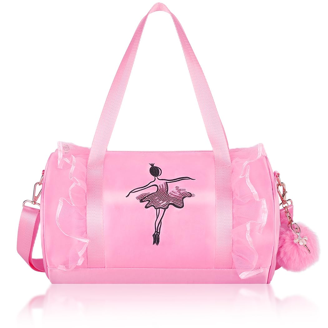 Moonmo Cute Ballet Dance Bag,Tutu Dress Bag, Waterproof Lightweight Ballerina Pink Dance Bag for Girls(Pink dance girl with long mesh)