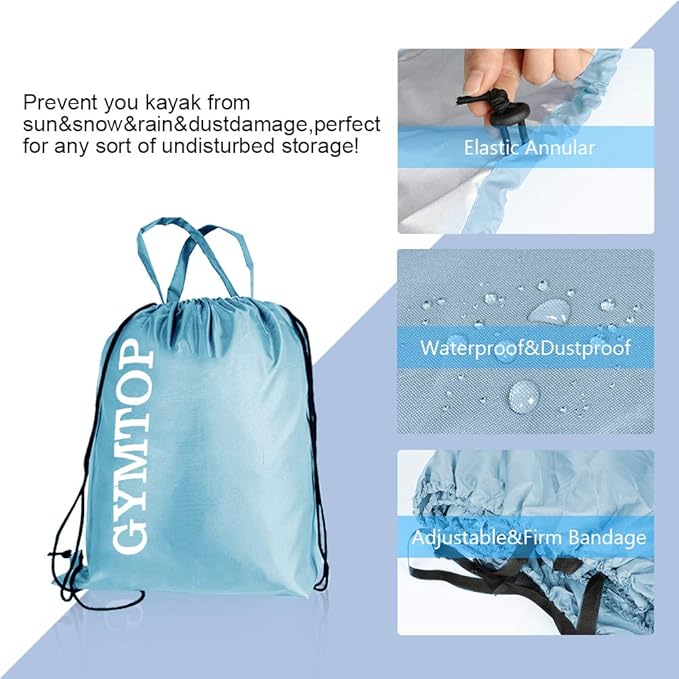 GYMTOP 7.8-18ft Waterproof Kayak Cover - Storage Dust Cover UV Protection Sunblock Shield for Fishing Boat/Kayak/Canoe 7 Sizes [Light Blue(Upgraded), Suitable for 12.3-13.5ft Kayak]