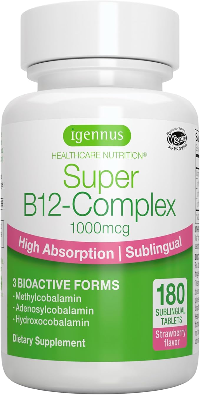Igennus Super Vitamin B12 Complex 1000mcg Sublingual - Methylated & Clean, Adenosylcobalamin, Methylcobalamin & Hydroxocobalamin, High Absorption, 180 Servings, Sugar-Free & Vegan