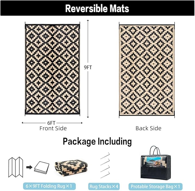 Outdoor Plastic Straw Rug, Waterproof Mat, Washable Large Floor Mat and Rug for Outdoors, RV, Beach, Patio, Camping, Backyard, Deck, Picnic, Indoor Outside (6x9ft,Geometry/Black&Beige)