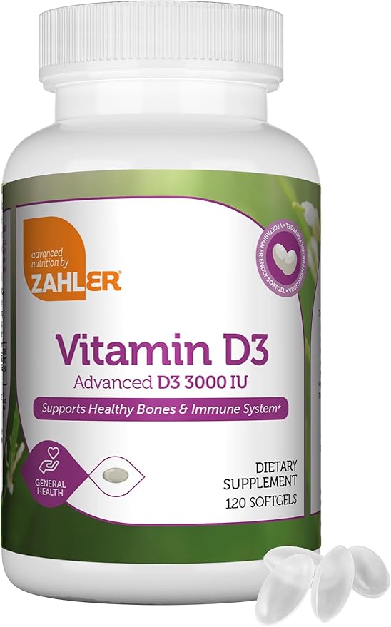 Zahler - Advanced Vitamin D3 3000 IU Softgels (120 Count) Kosher Vegetarian Friendly Vitamin D for Immune Support, Bone, Teeth & Muscle Health - Daily D3 Vitamin Supplement for Adults - Easy Swallow.