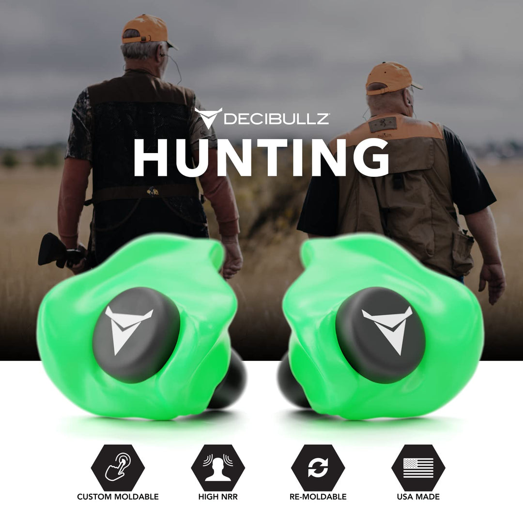Decibullz - Custom Molded Earplugs, 31dB Highest NRR, Comfortable Hearing Protection for Shooting, Travel, Swimming, Work and Concerts (Green)